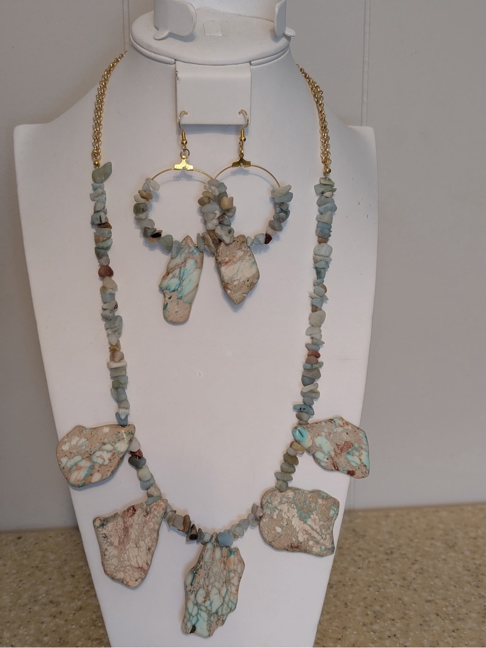 Turquoise Chip Statement Necklace & Hoop Earrings Set Handmade
